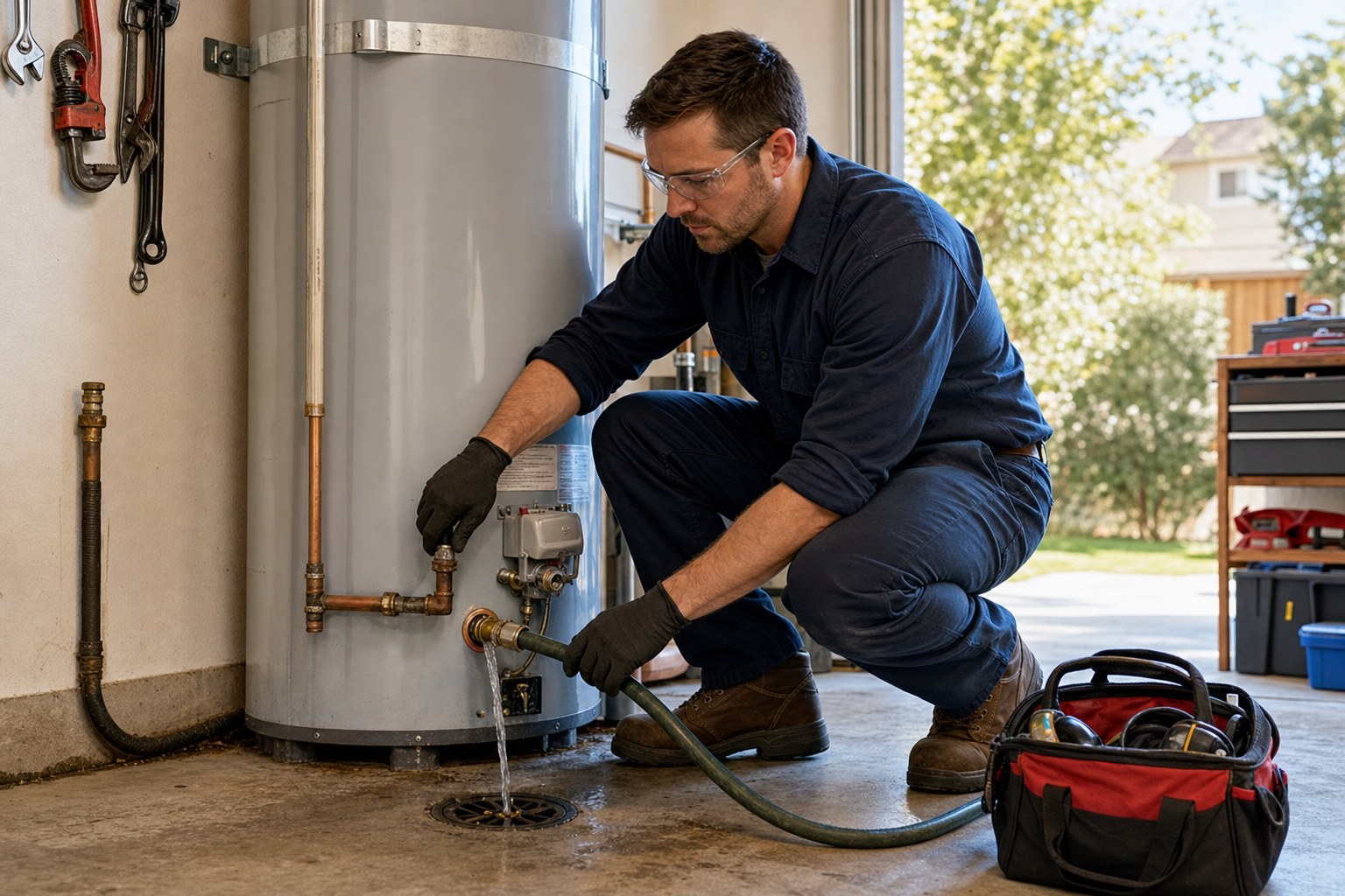 Plumber flushing a residential tank water heater