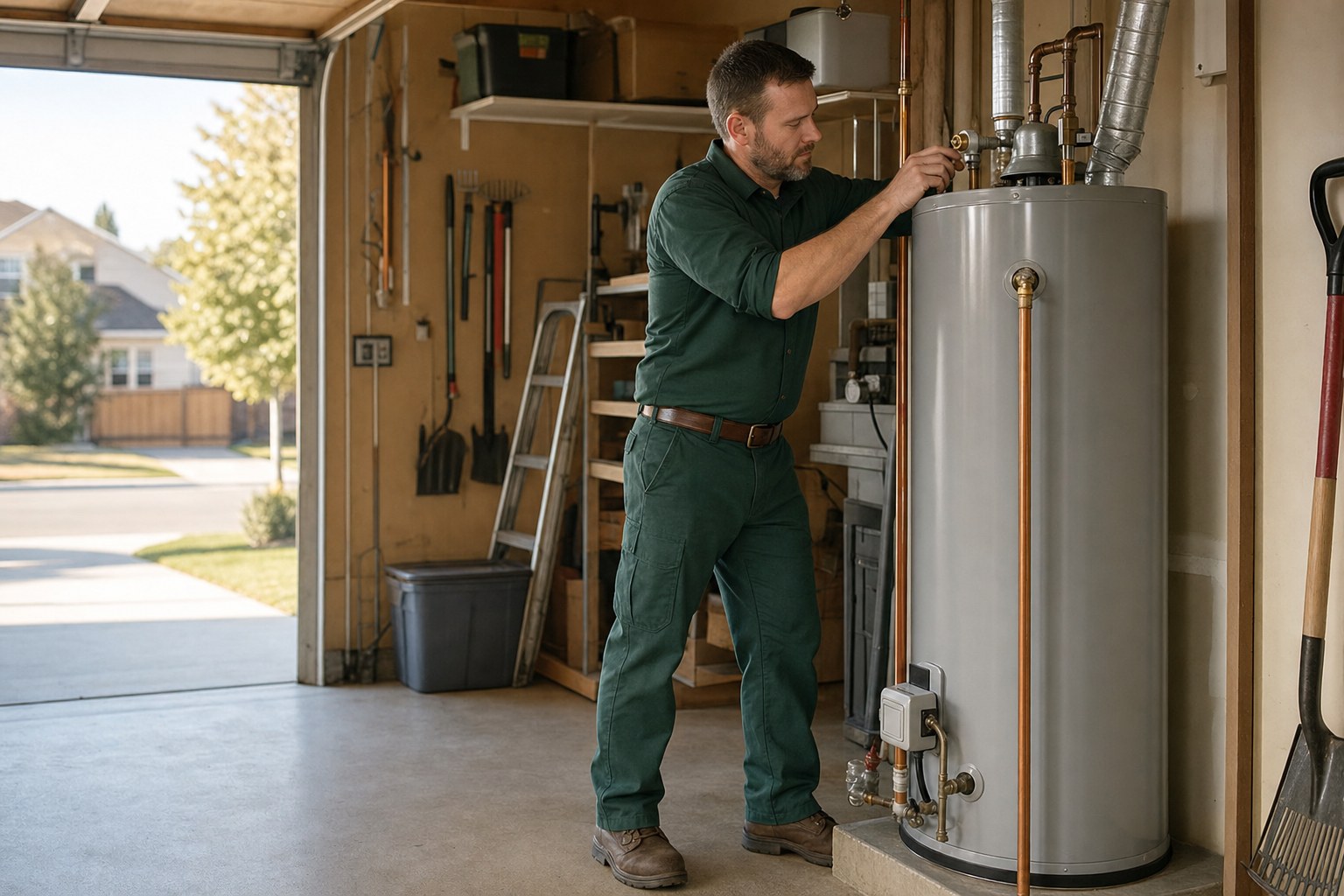 Technician checking a residential water heater in a garage