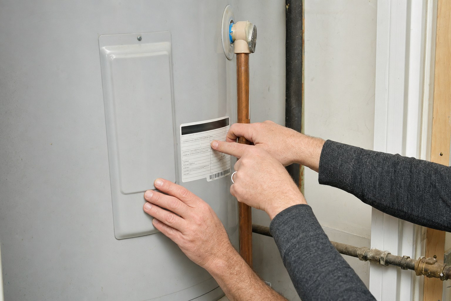Technician checking a water heater serial number label