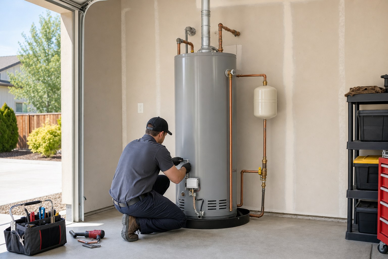Professional installing a residential tank water heater