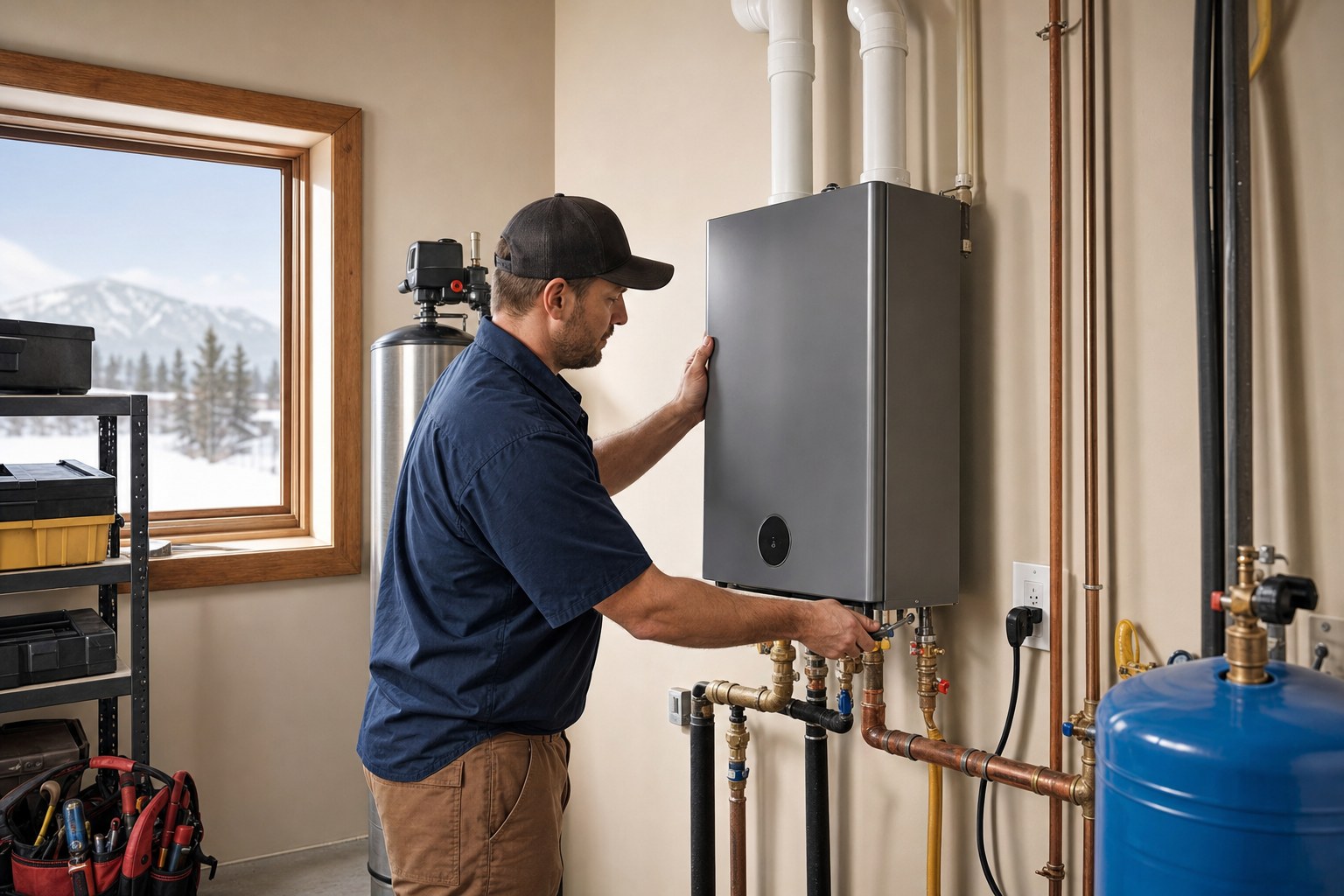 Technician servicing a wall-mounted tankless water heater