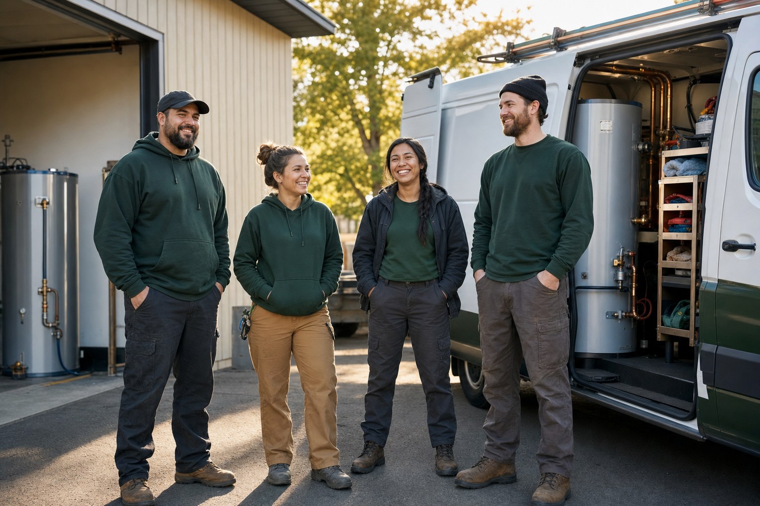 Residential water-heater service team outside a Boise workshop